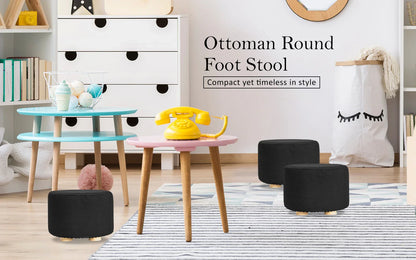 2X Fabric Ottoman Round Wooden Leg Foot Stool - BLACK - Mekamart Australia