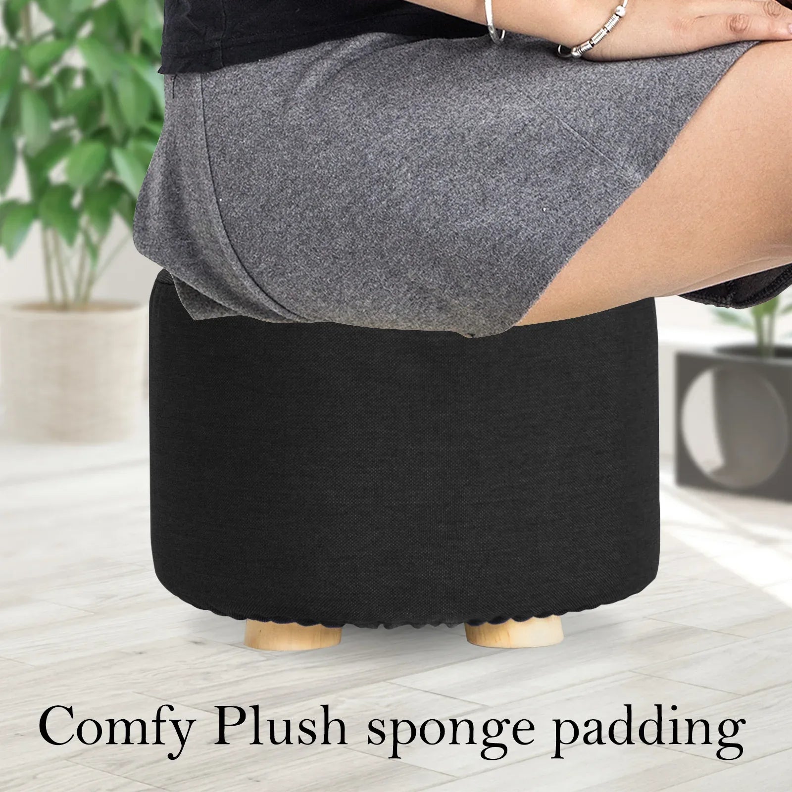 2X Fabric Ottoman Round Wooden Leg Foot Stool - BLACK - Mekamart Australia