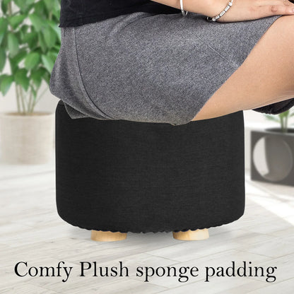 2X Fabric Ottoman Round Wooden Leg Foot Stool - BLACK - Mekamart Australia