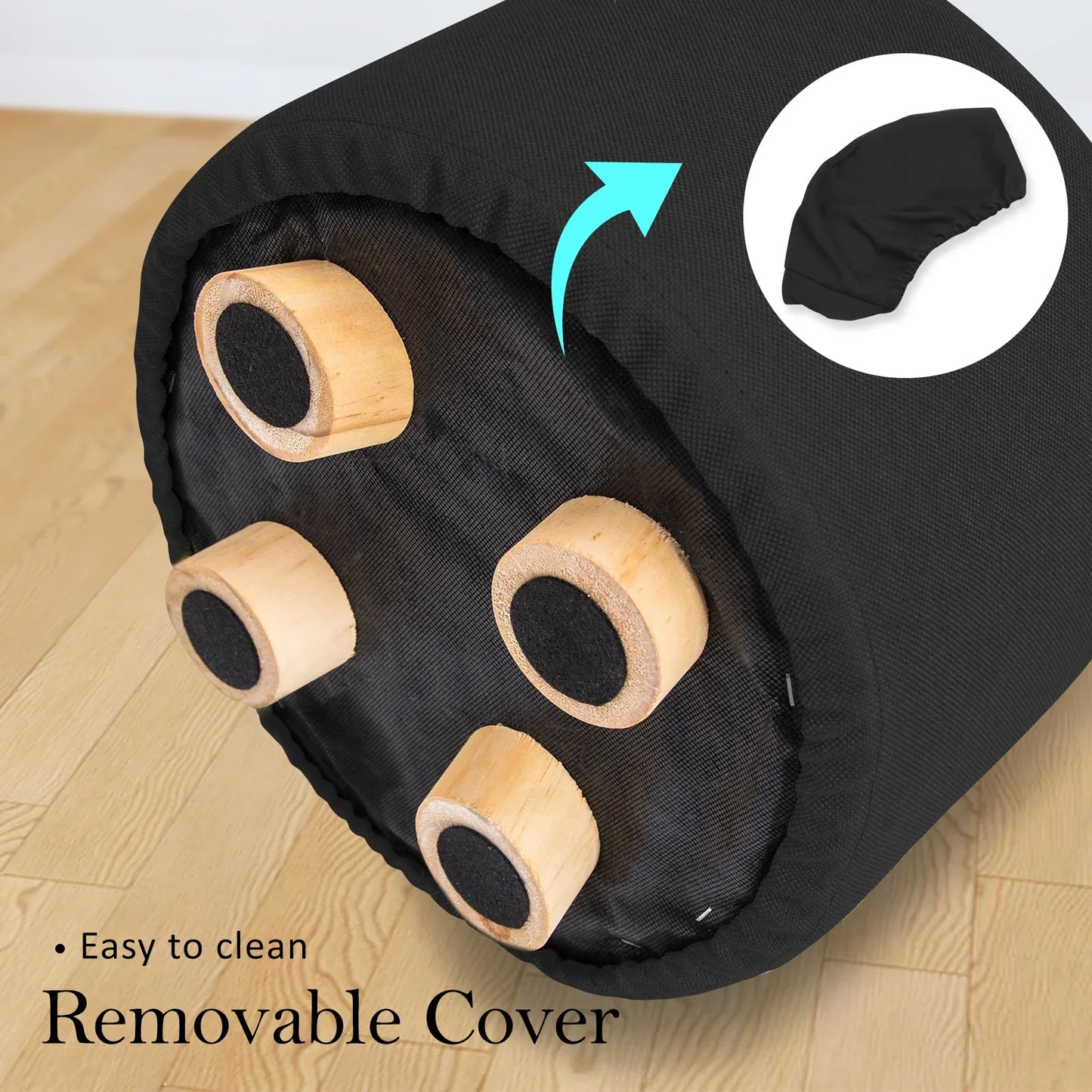 2X Fabric Ottoman Round Wooden Leg Foot Stool - BLACK - Mekamart Australia
