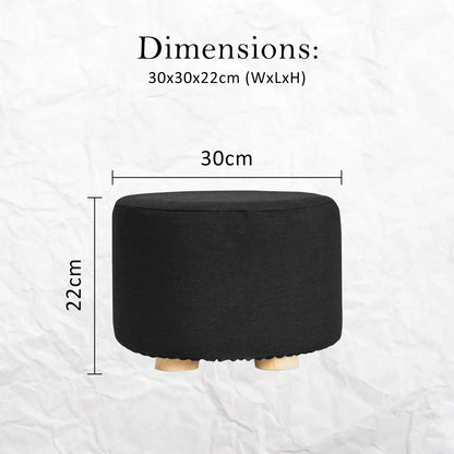 2X Fabric Ottoman Round Wooden Leg Foot Stool - BLACK - Mekamart Australia