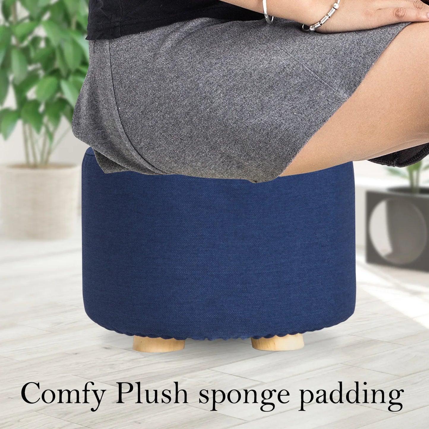 Fabric Ottoman Round Wooden Leg Foot Stool - DARK BLUE - Mekamart Australia