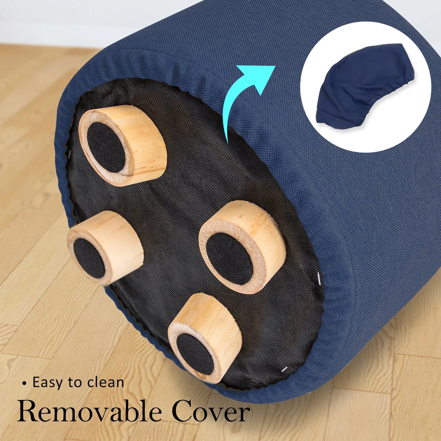 Fabric Ottoman Round Wooden Leg Foot Stool - DARK BLUE - Mekamart Australia