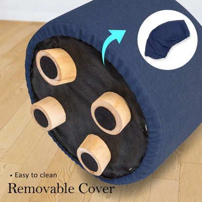 Fabric Ottoman Round Wooden Leg Foot Stool - DARK BLUE - Mekamart Australia