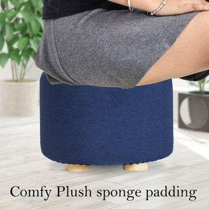 2X Fabric Ottoman Round Wooden Leg Foot Stool - DARK BLUE - Mekamart Australia