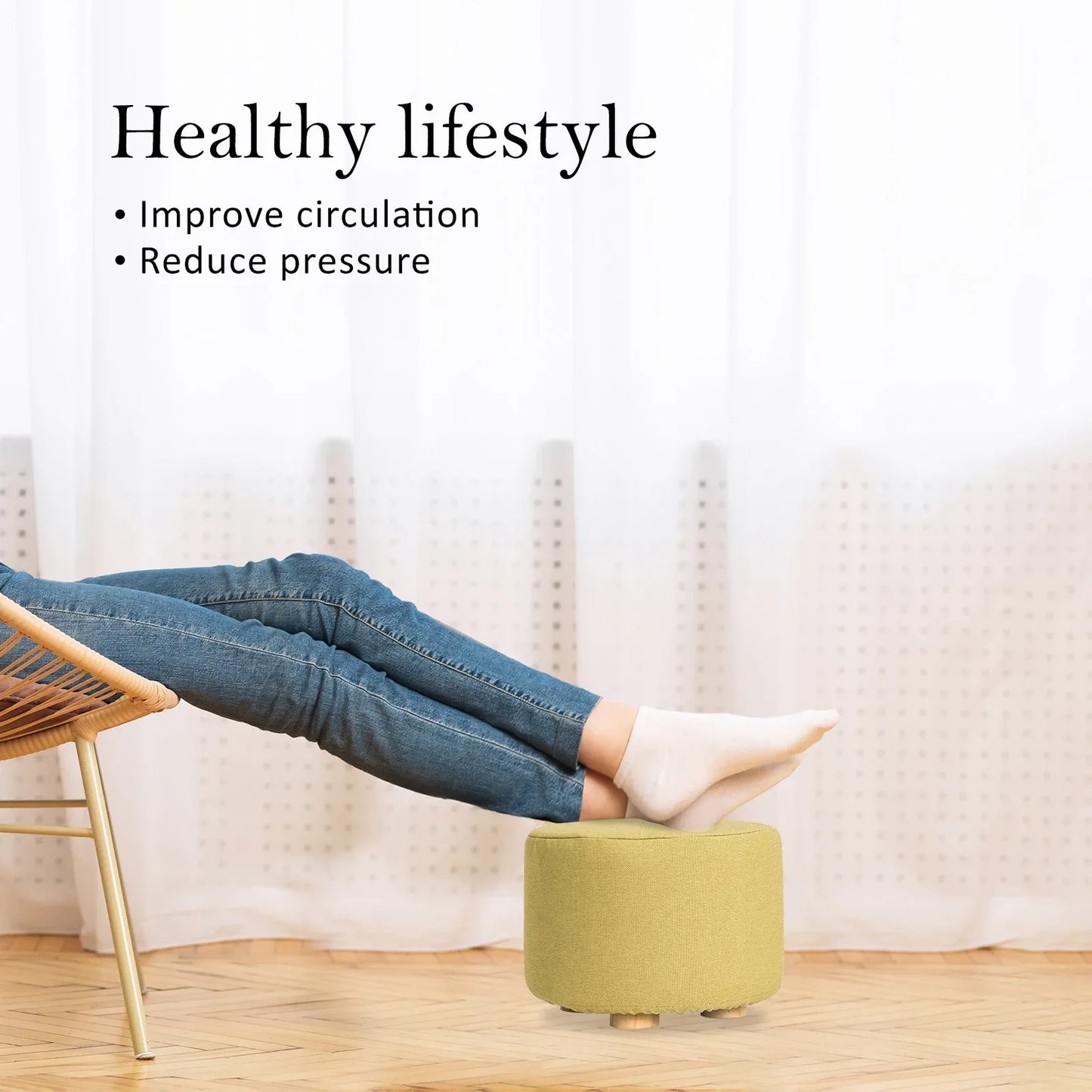 Fabric Ottoman Round Wooden Leg Foot Stool - MUSTARD YELLOW - Mekamart Australia