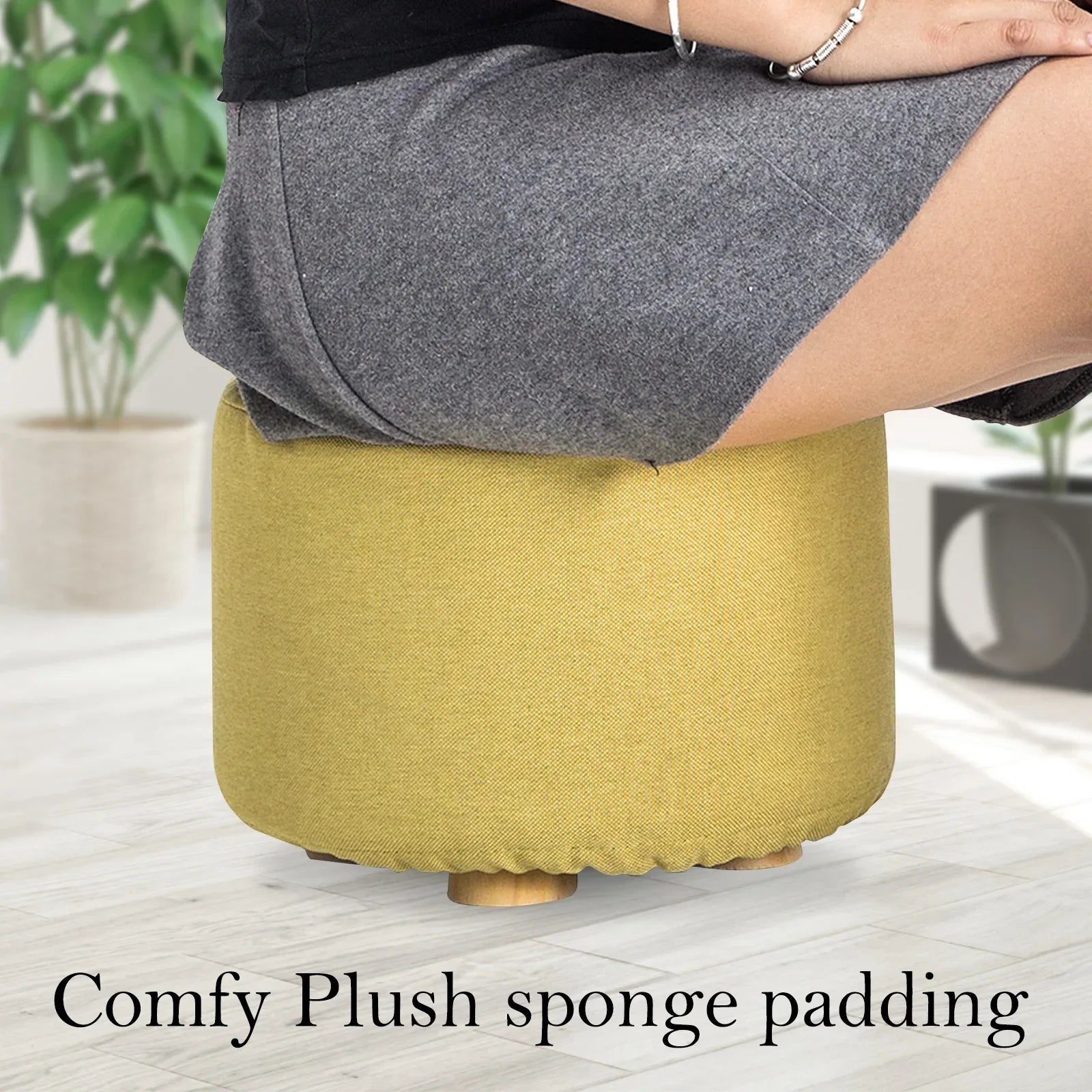 Fabric Ottoman Round Wooden Leg Foot Stool - MUSTARD YELLOW - Mekamart Australia