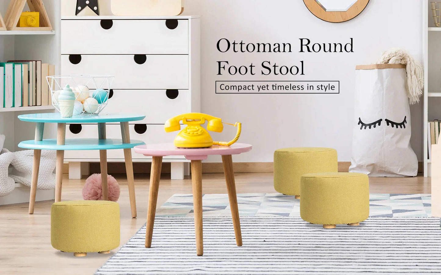 2X Fabric Ottoman Round Wooden Leg Foot Stool - Mustard Yellow - Mekamart Australia