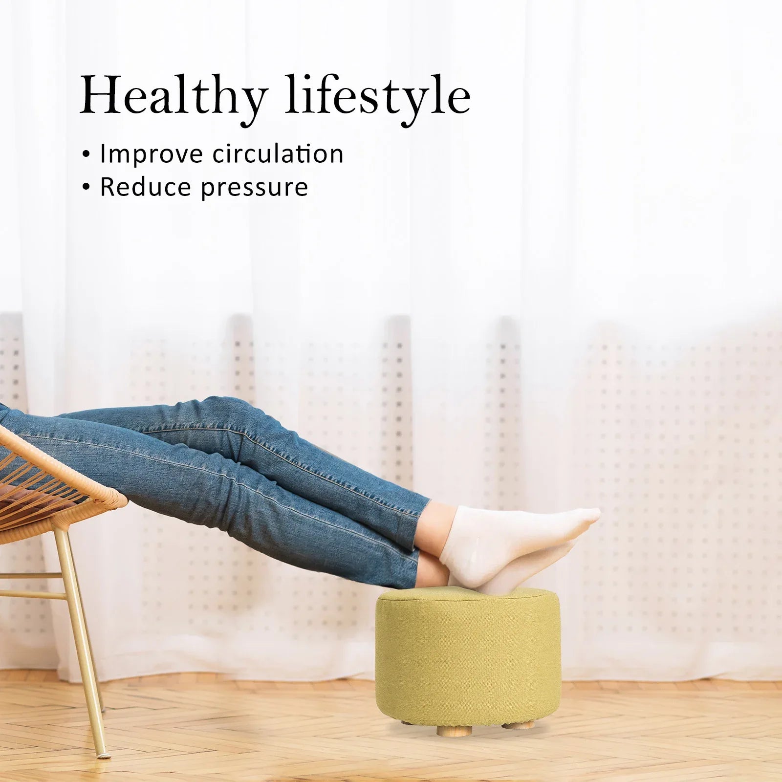 2X Fabric Ottoman Round Wooden Leg Foot Stool - Mustard Yellow - Mekamart Australia