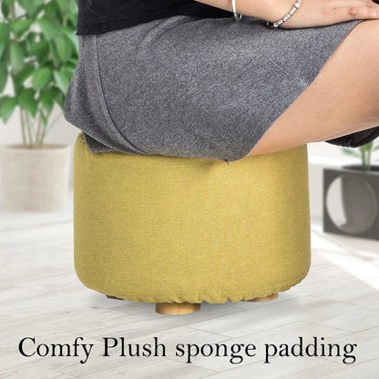 2X Fabric Ottoman Round Wooden Leg Foot Stool - Mustard Yellow - Mekamart Australia