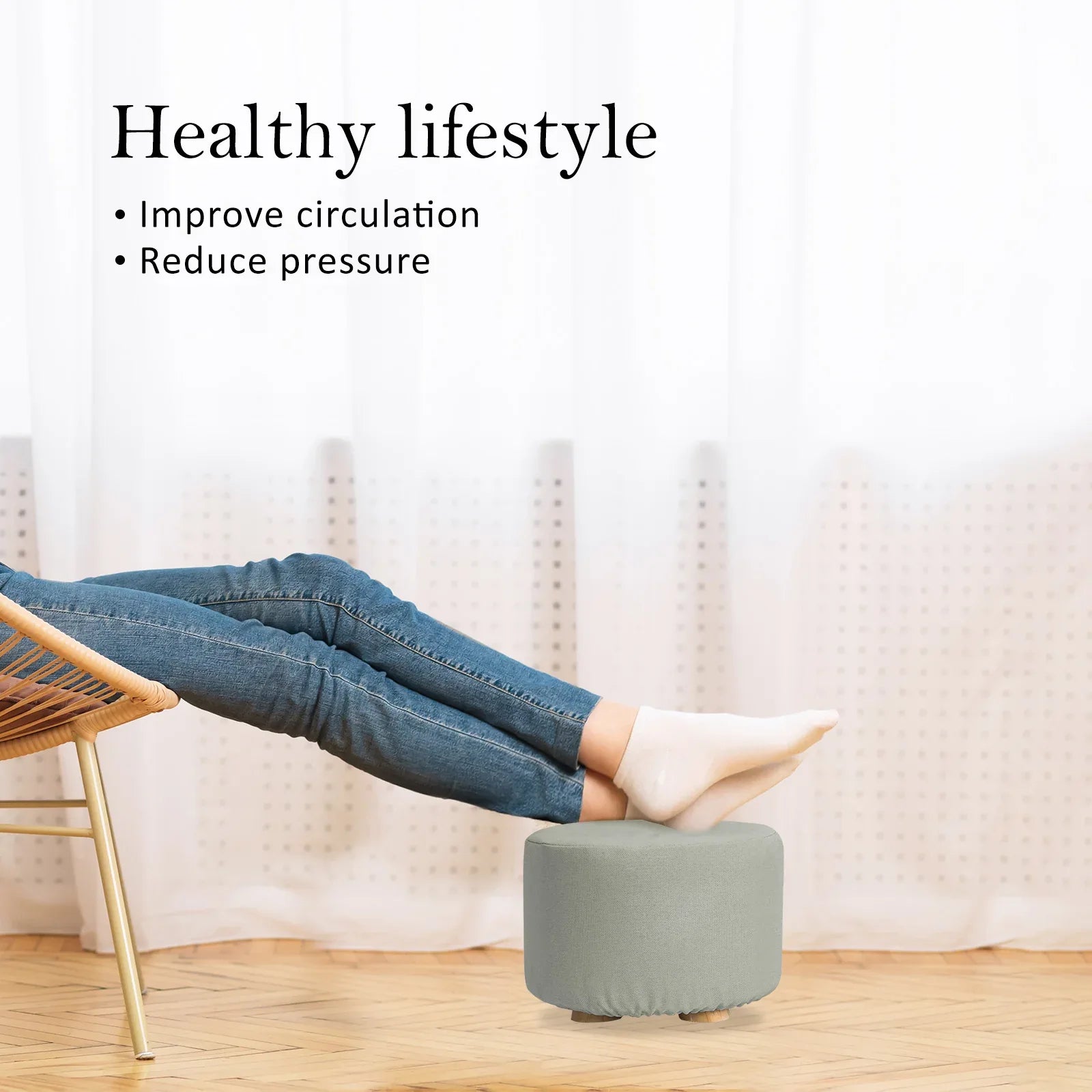Fabric Ottoman Round Wooden Leg Foot Stool - GREY - Mekamart Australia