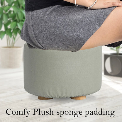 Fabric Ottoman Round Wooden Leg Foot Stool - GREY - Mekamart Australia