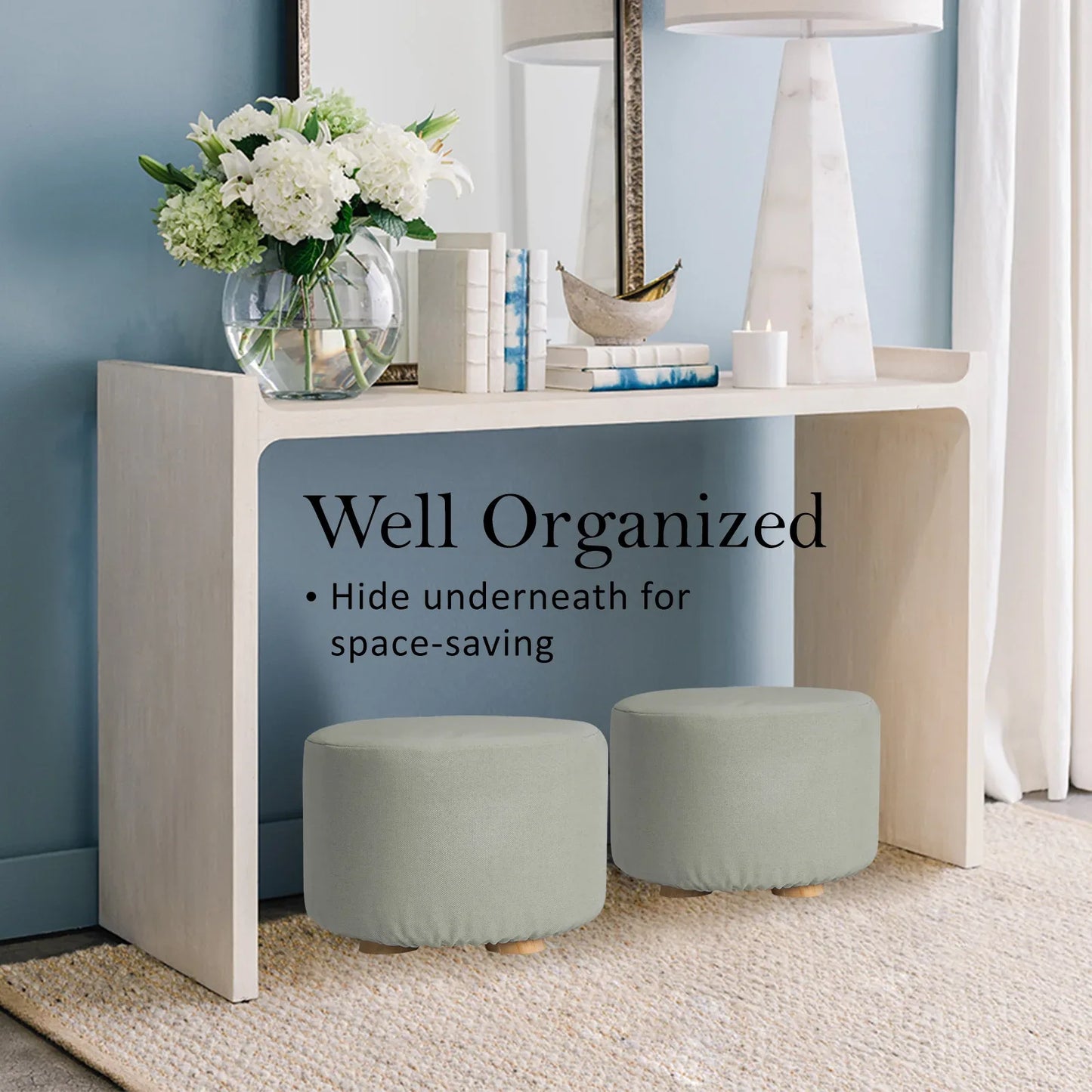 2X Fabric Ottoman Round Wooden Leg Foot Stool - GREY - Mekamart Australia