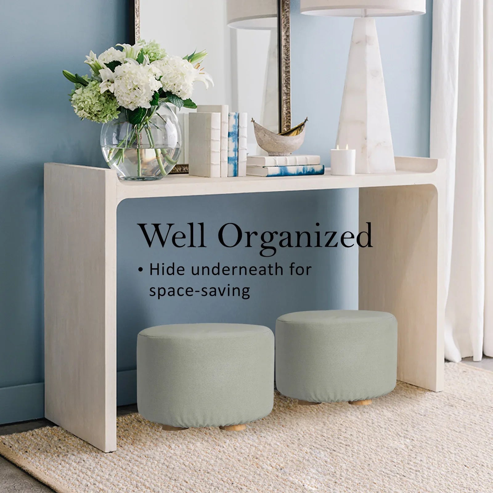 2X Fabric Ottoman Round Wooden Leg Foot Stool - GREY - Mekamart Australia