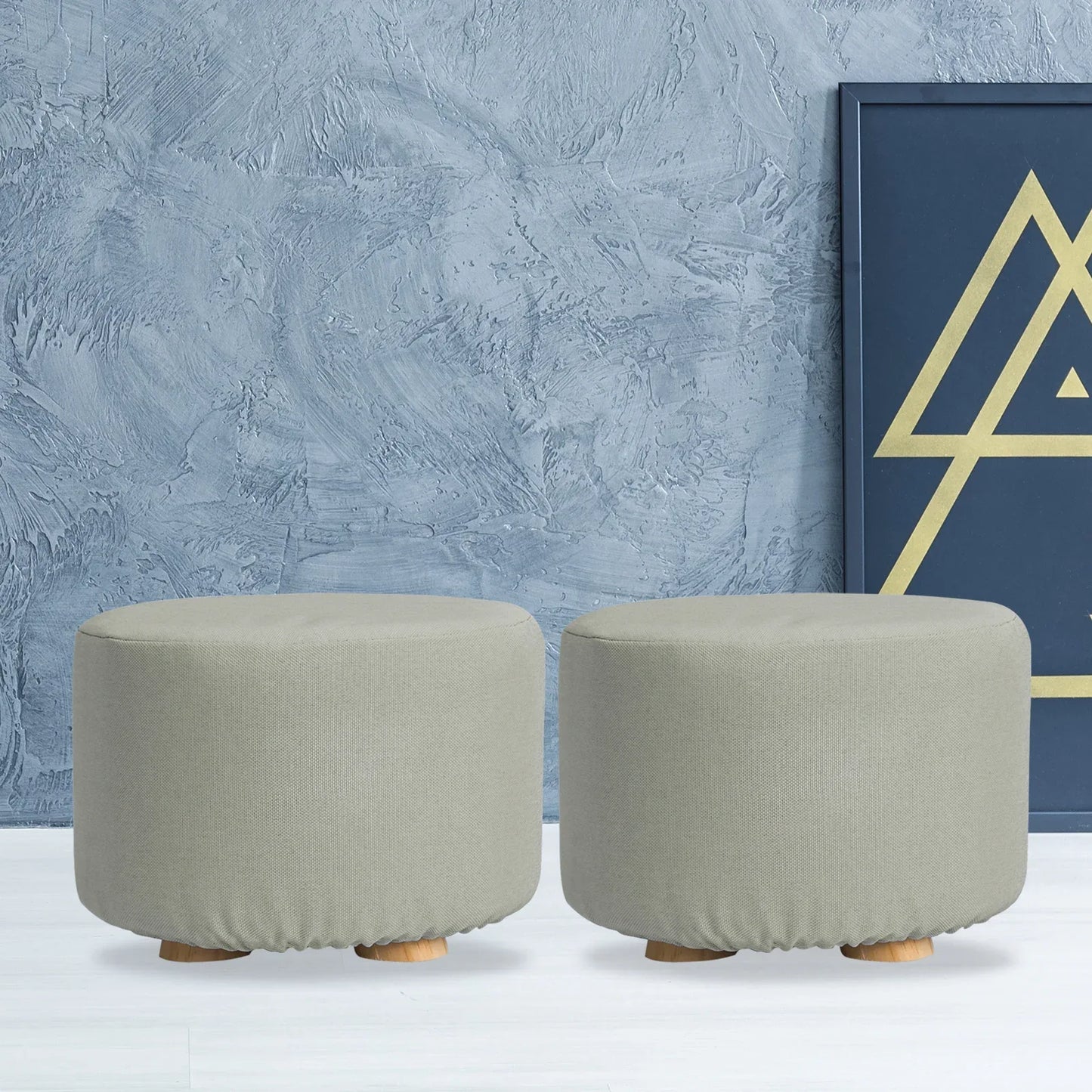 2X Fabric Ottoman Round Wooden Leg Foot Stool - GREY - Mekamart Australia