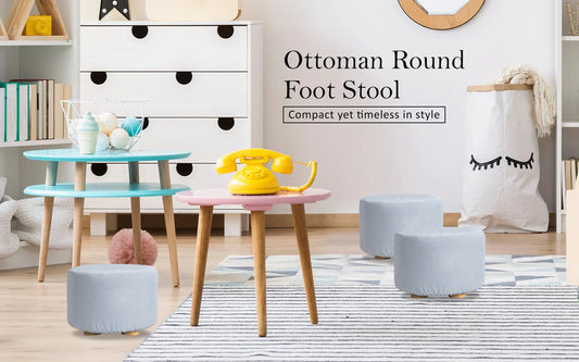 Fabric Ottoman Round Wooden Leg Foot Stool - LIGHT BLUE - Mekamart Australia