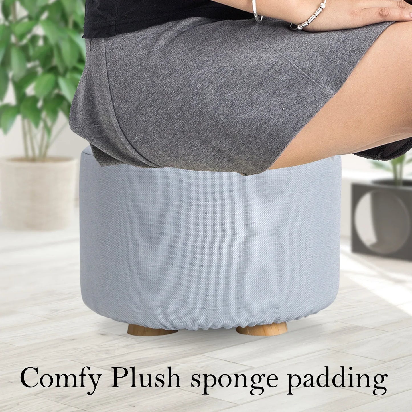 Fabric Ottoman Round Wooden Leg Foot Stool - LIGHT BLUE - Mekamart Australia
