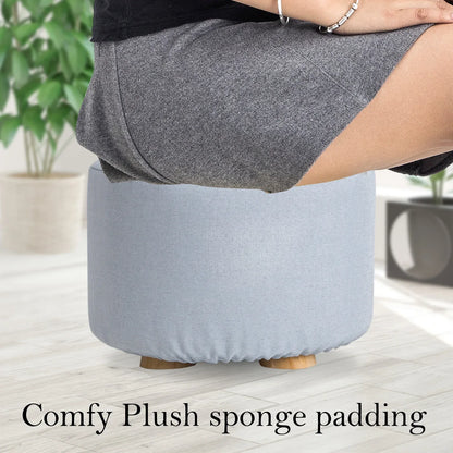 Fabric Ottoman Round Wooden Leg Foot Stool - LIGHT BLUE - Mekamart Australia