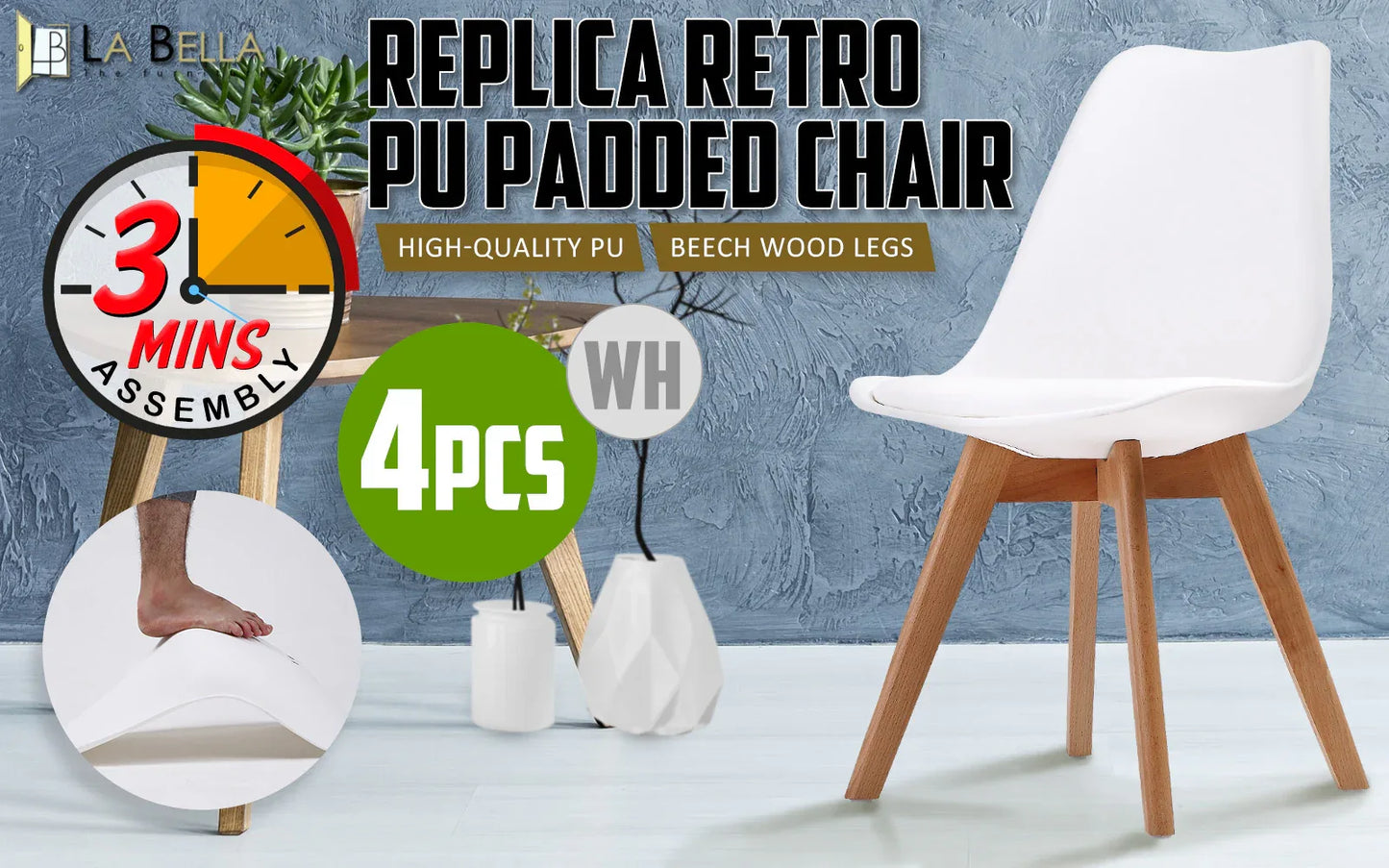 4X Retro Dining Cafe Chair Padded Seat WHITE - Mekamart Australia