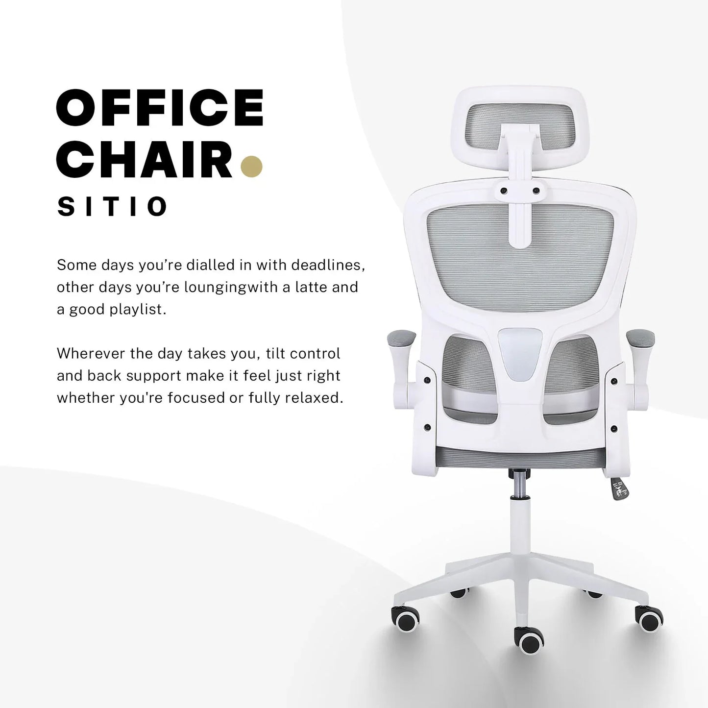 Work Office Chair - Lumber Support, Flip-up Armrest, Adjustable Headrest SITIO - GREY - Mekamart Australia