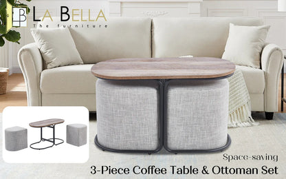 3 Piece Set Coffee Table & Ottoman Wood Side End Table Industrial - CREAM GREY - Mekamart Australia