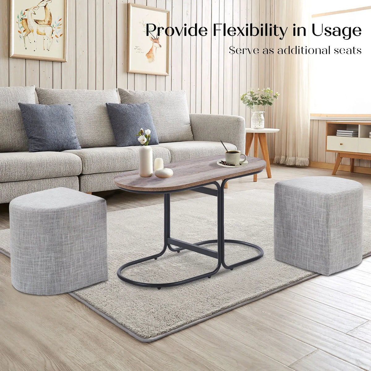 3 Piece Set Coffee Table & Ottoman Wood Side End Table Industrial - CREAM GREY - Mekamart Australia