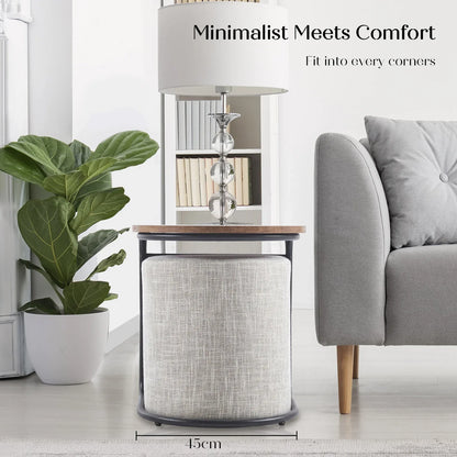 3 Piece Set Coffee Table & Ottoman Wood Side End Table Industrial - CREAM GREY - Mekamart Australia
