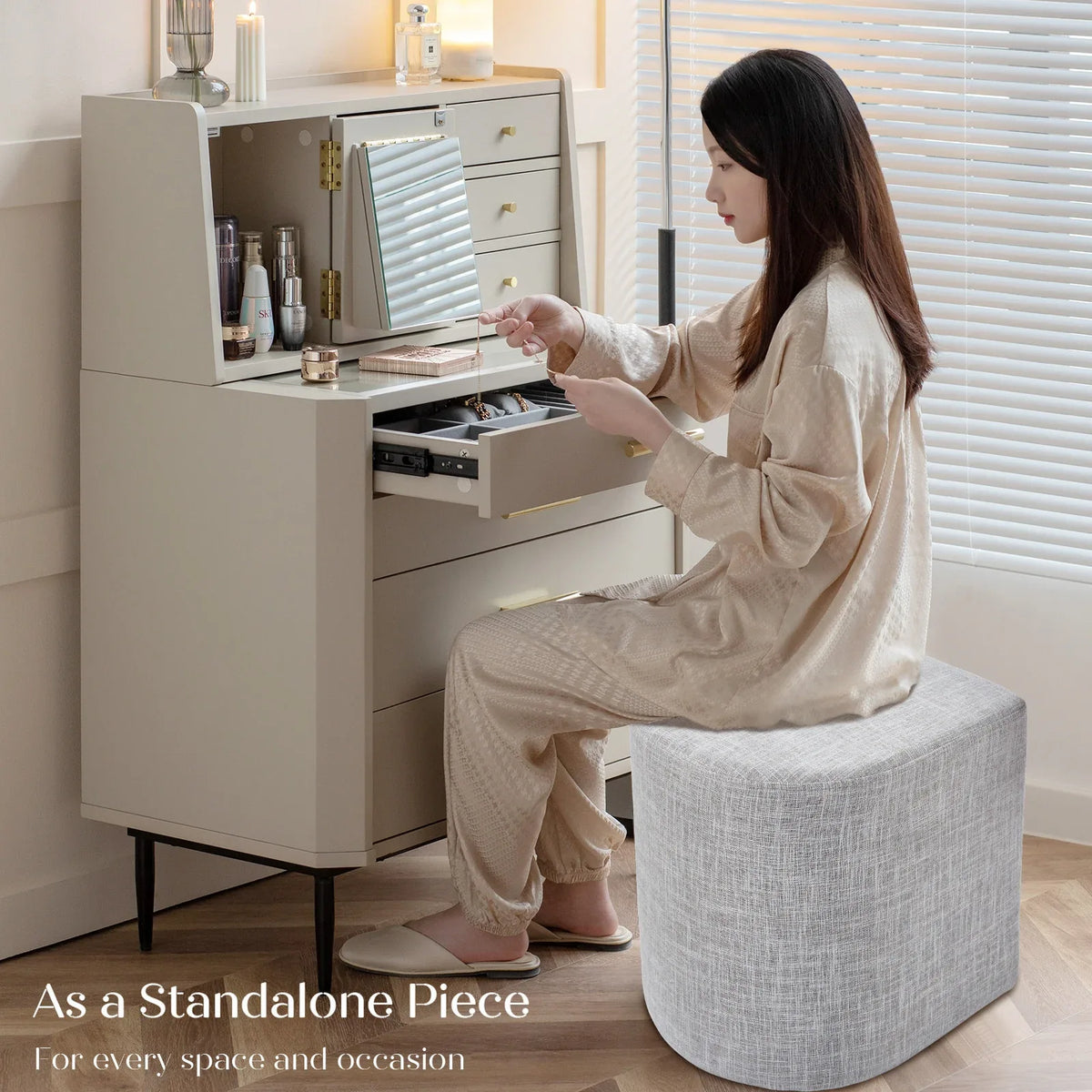 3 Piece Set Coffee Table & Ottoman Wood Side End Table Industrial - CREAM GREY - Mekamart Australia