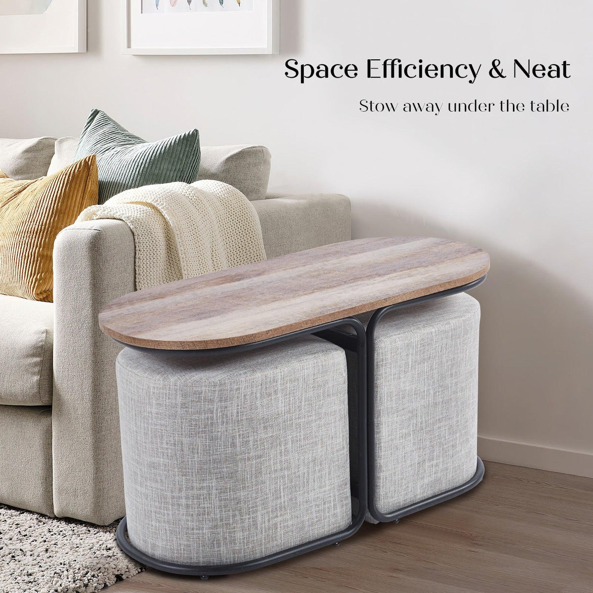 3 Piece Set Coffee Table & Ottoman Wood Side End Table Industrial - CREAM GREY - Mekamart Australia