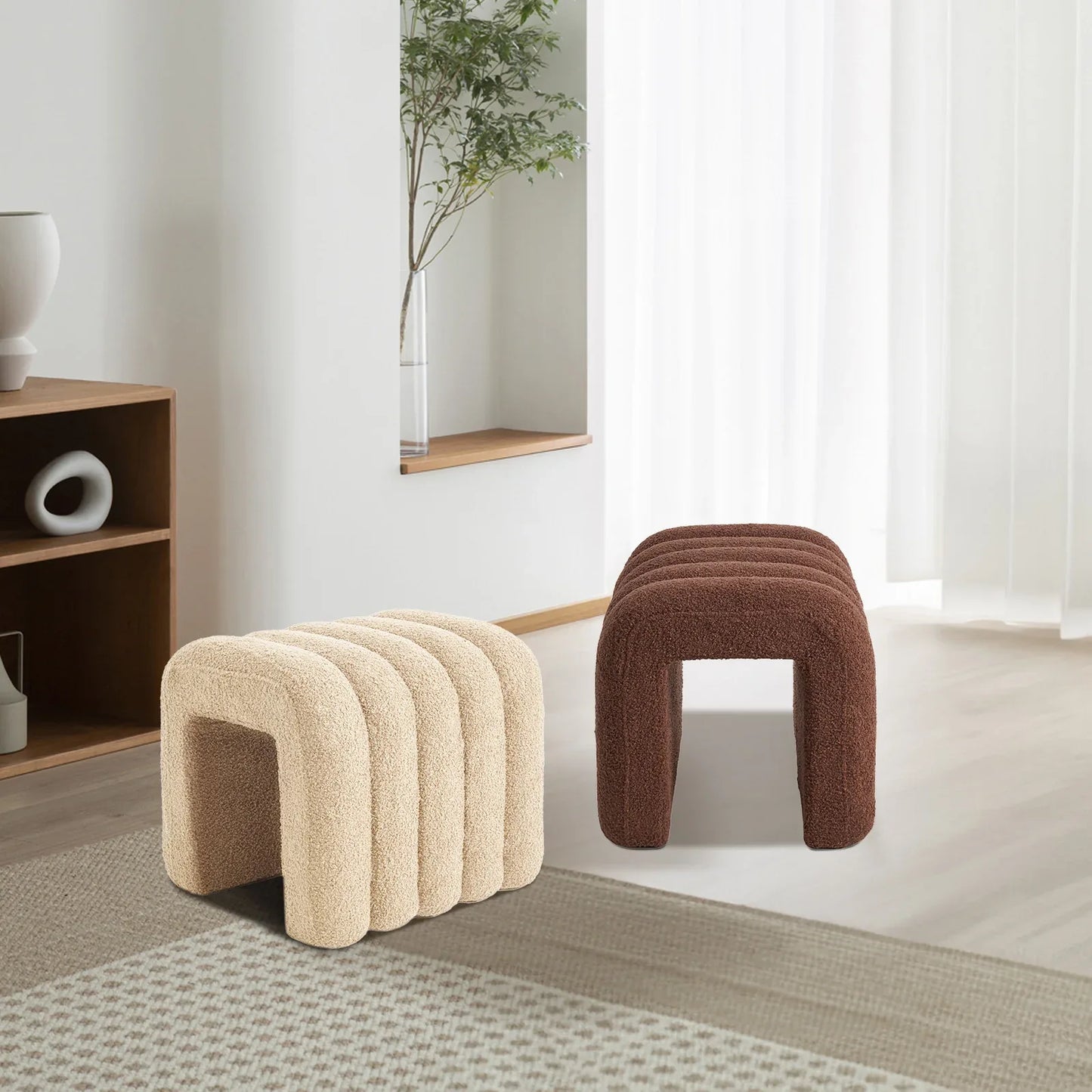 Ridge Arch Ottoman Stool Teddy Fleece Fabric Foot Rest 45cm BEIGE - Mekamart Australia