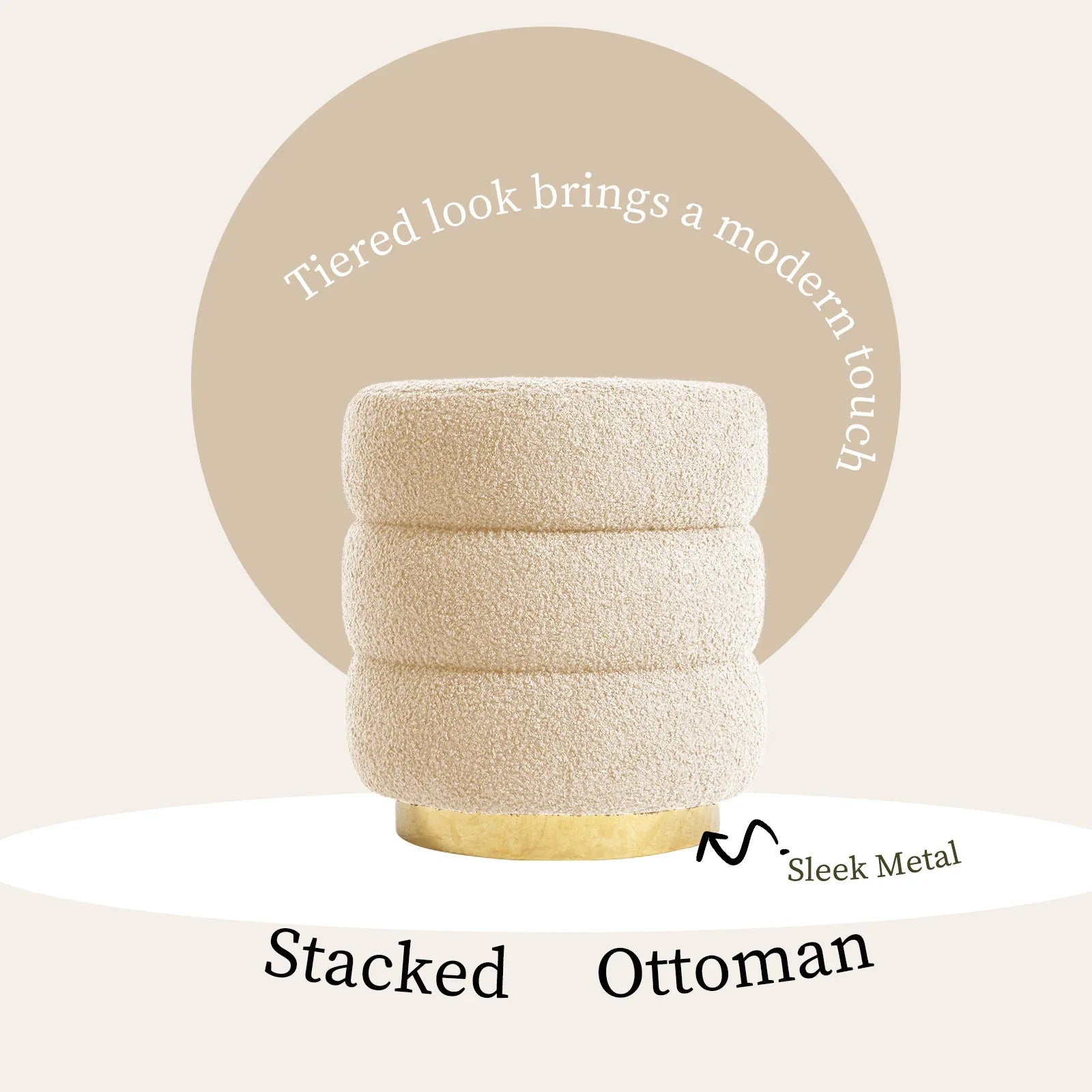 Round Stacked Ottoman Stool Teddy Fleece Fabric Foot Rest 38cm BEIGE - Mekamart Australia