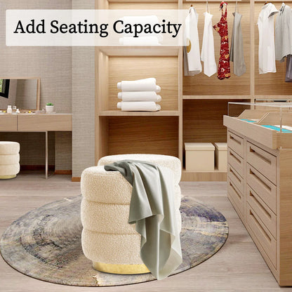 Round Stacked Ottoman Stool Teddy Fleece Fabric Foot Rest 38cm BEIGE - Mekamart Australia