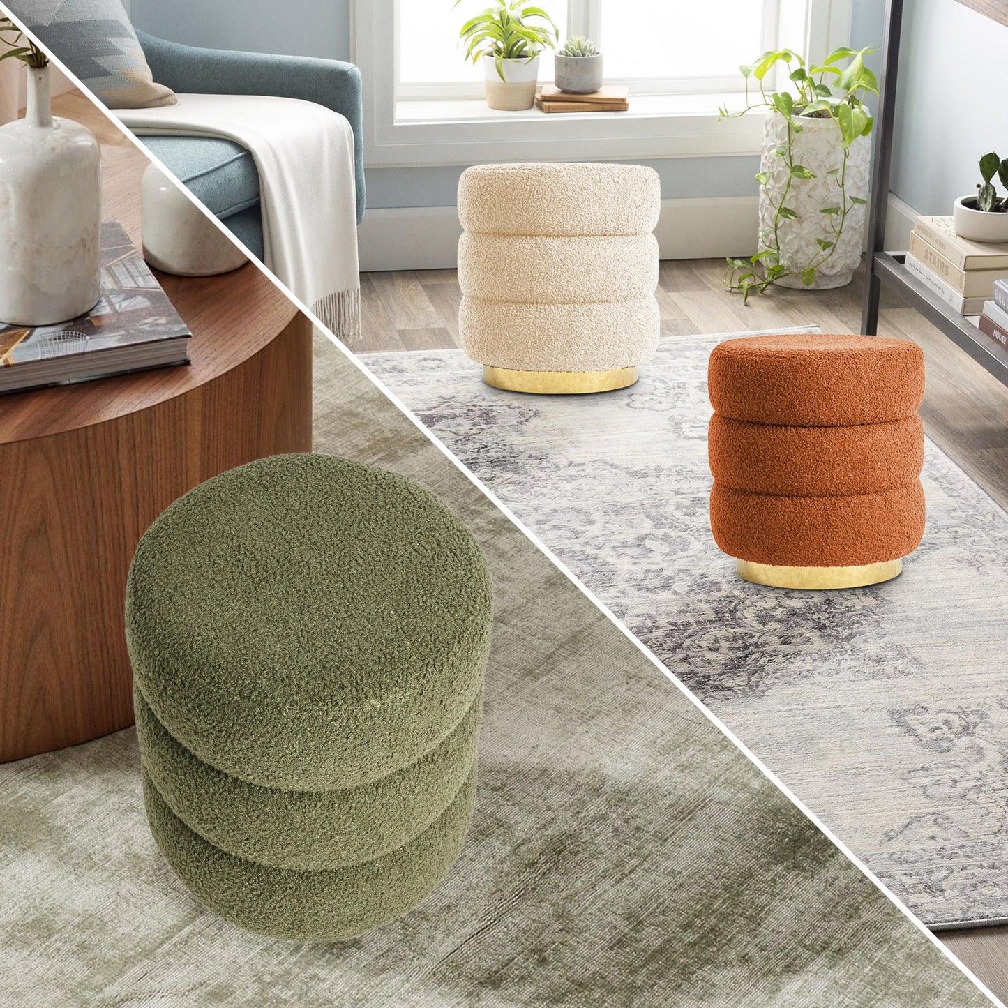 2X Round Stacked Ottoman Stool Teddy Fleece Fabric Foot Rest 38cm BEIGE - Mekamart Australia