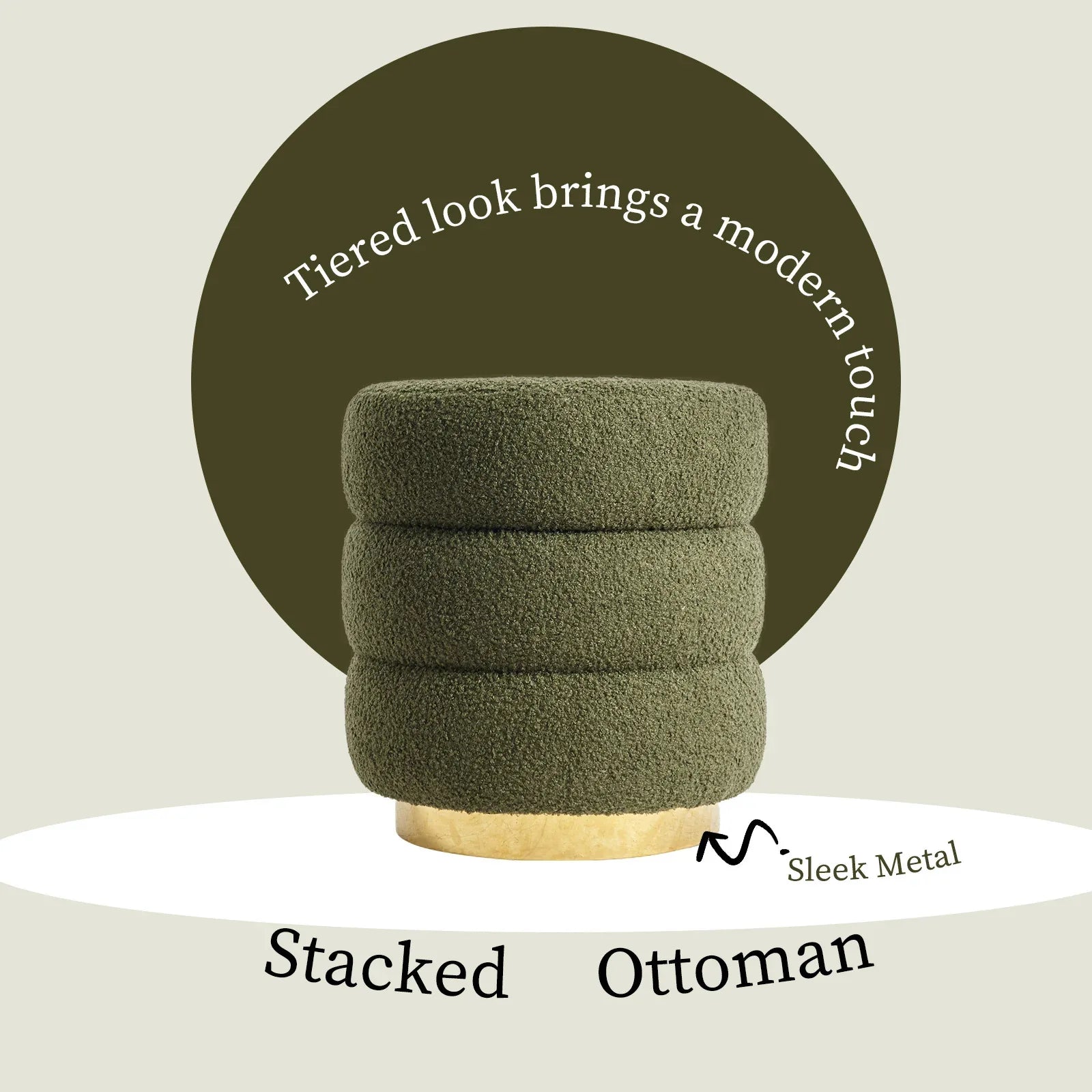 Round Stacked Ottoman Stool Teddy Fleece Fabric Foot Rest 38cm GREEN - Mekamart Australia