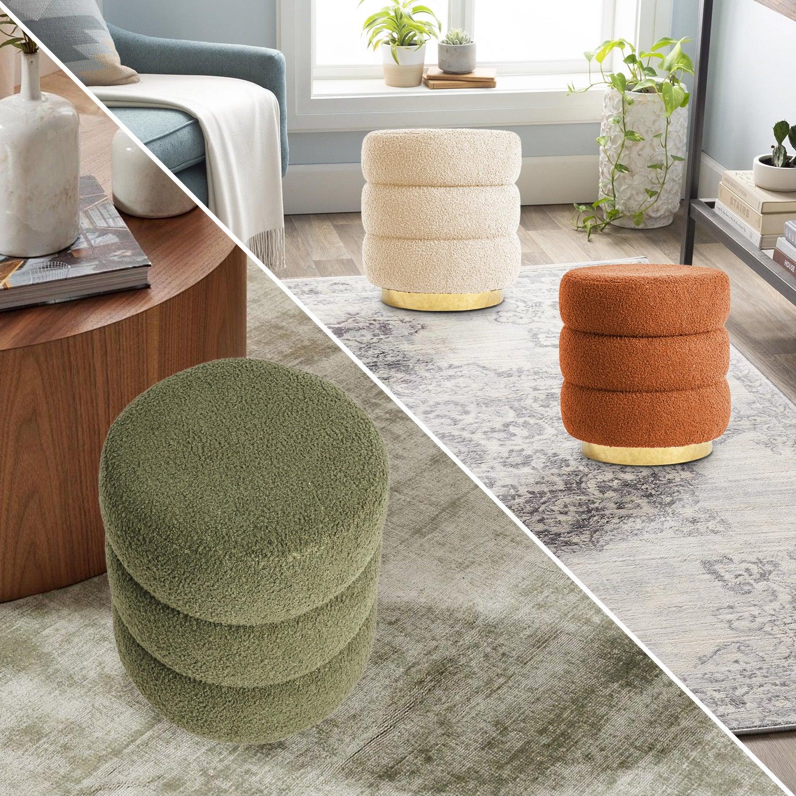2X Round Stacked Ottoman Stool Teddy Fleece Fabric Foot Rest 38cm GREEN - Mekamart Australia
