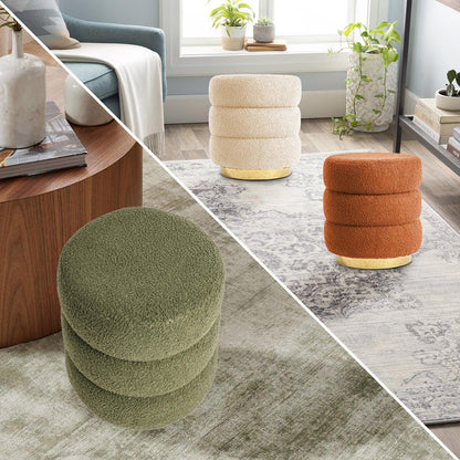2X Round Stacked Ottoman Stool Teddy Fleece Fabric Foot Rest 38cm GREEN - Mekamart Australia