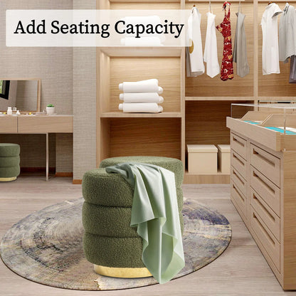 2X Round Stacked Ottoman Stool Teddy Fleece Fabric Foot Rest 38cm GREEN - Mekamart Australia