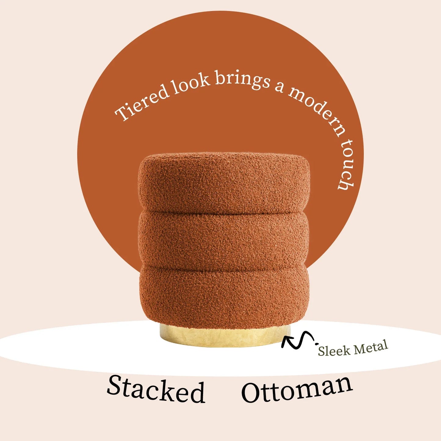 2X Round Stacked Ottoman Stool Teddy Fleece Fabric Foot Rest 38cm ORANGE - Mekamart Australia