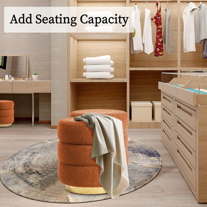 2X Round Stacked Ottoman Stool Teddy Fleece Fabric Foot Rest 38cm ORANGE - Mekamart Australia