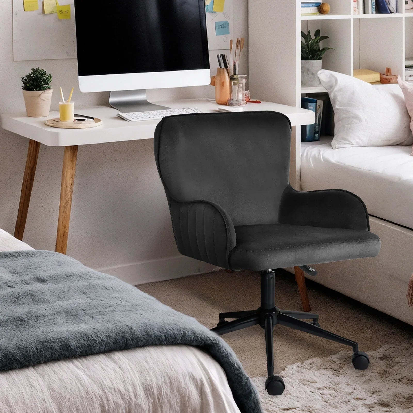 Desk Armchair - Home Office Swivel Chair Adjustable Height Seat PLUME BLACK - Mekamart Australia