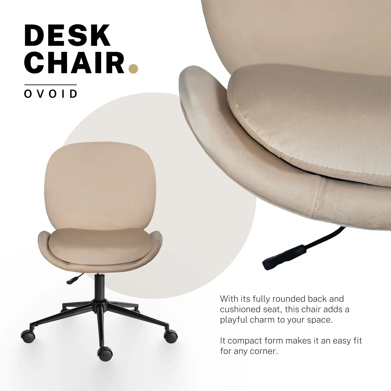 Office Desk Chair - Velvet Armless Swivel Study Seat OVOID PALE KHAKI - Mekamart Australia