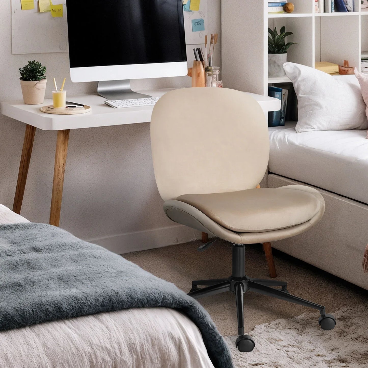Office Desk Chair - Velvet Armless Swivel Study Seat OVOID PALE KHAKI - Mekamart Australia