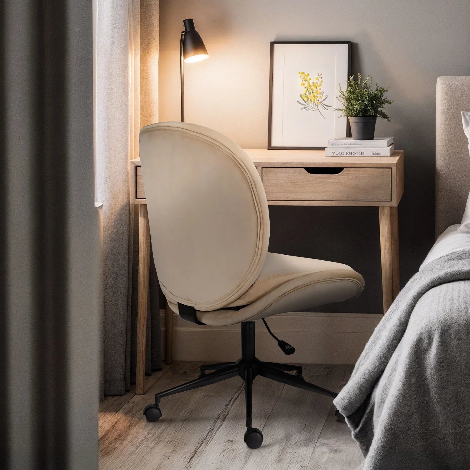 Office Desk Chair - Velvet Armless Swivel Study Seat OVOID PALE KHAKI - Mekamart Australia