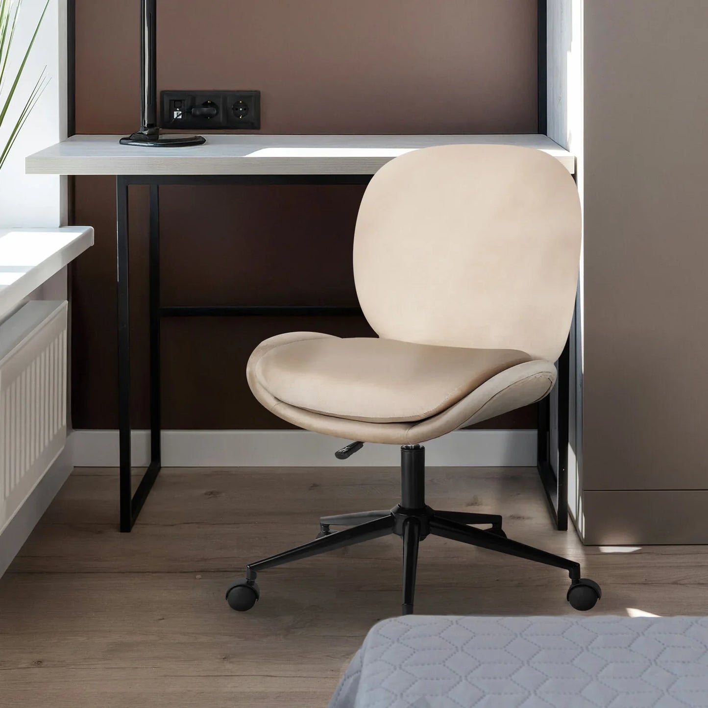 Office Desk Chair - Velvet Armless Swivel Study Seat OVOID PALE KHAKI - Mekamart Australia