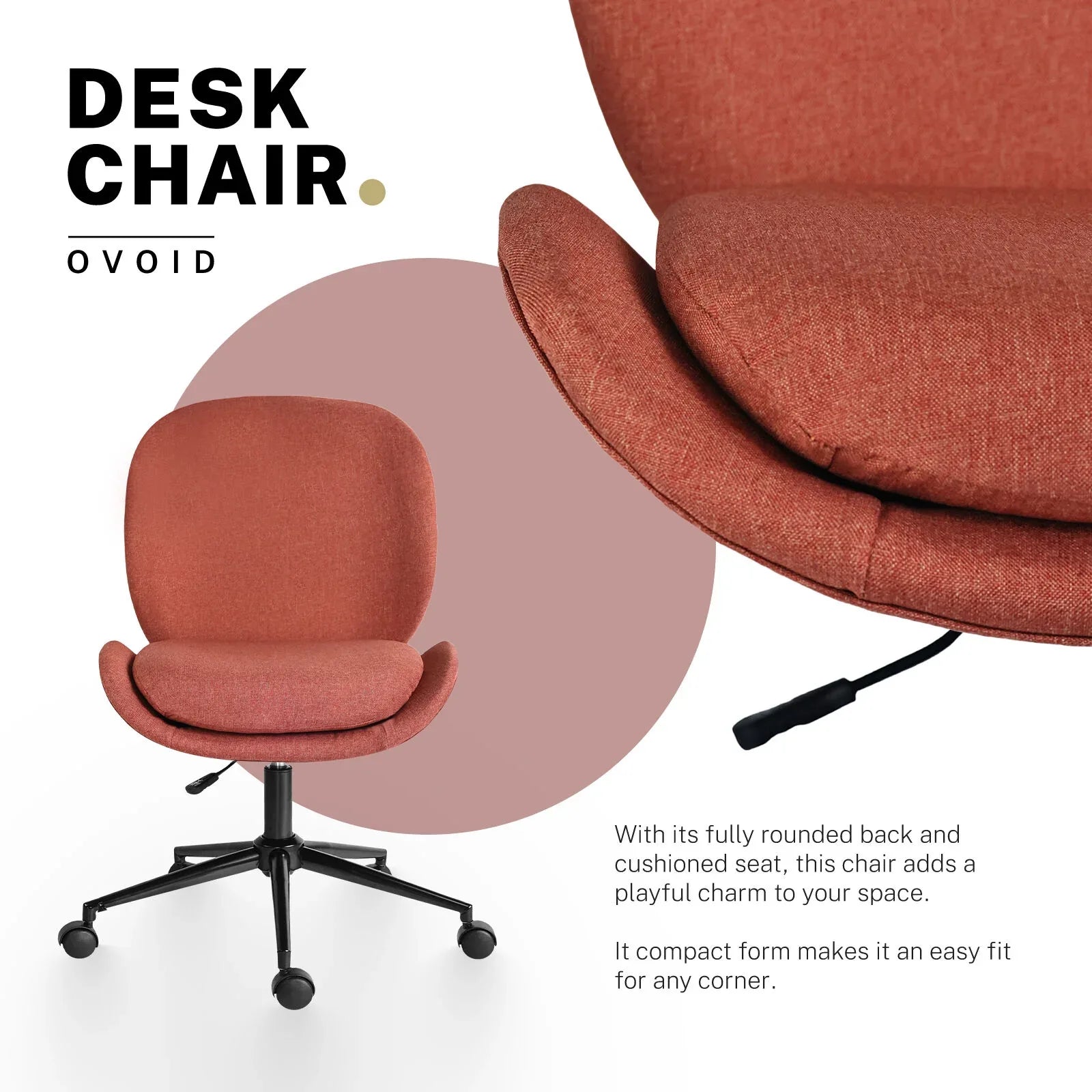 Office Desk Chair - Linen Fabric Armless Swivel Study Seat OVOID EARTHY RED - Mekamart Australia