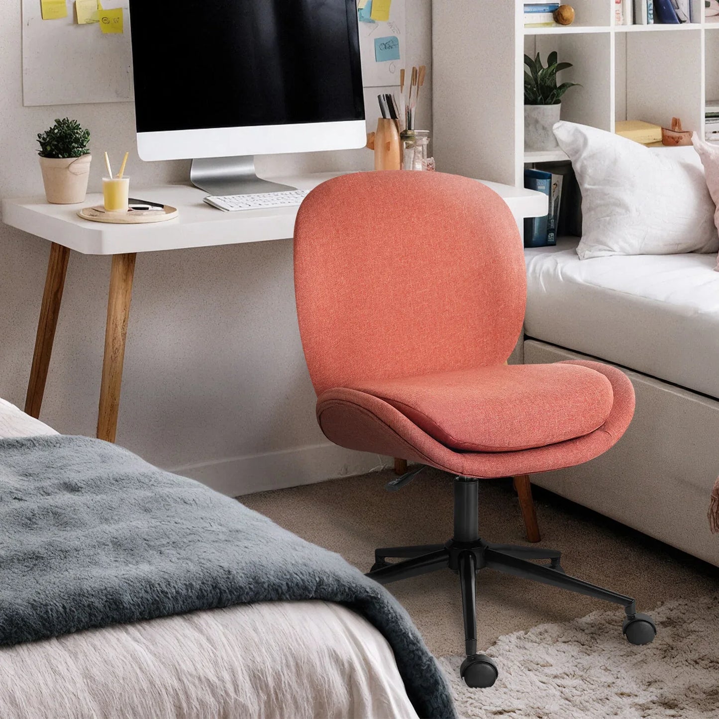 Office Desk Chair - Linen Fabric Armless Swivel Study Seat OVOID EARTHY RED - Mekamart Australia