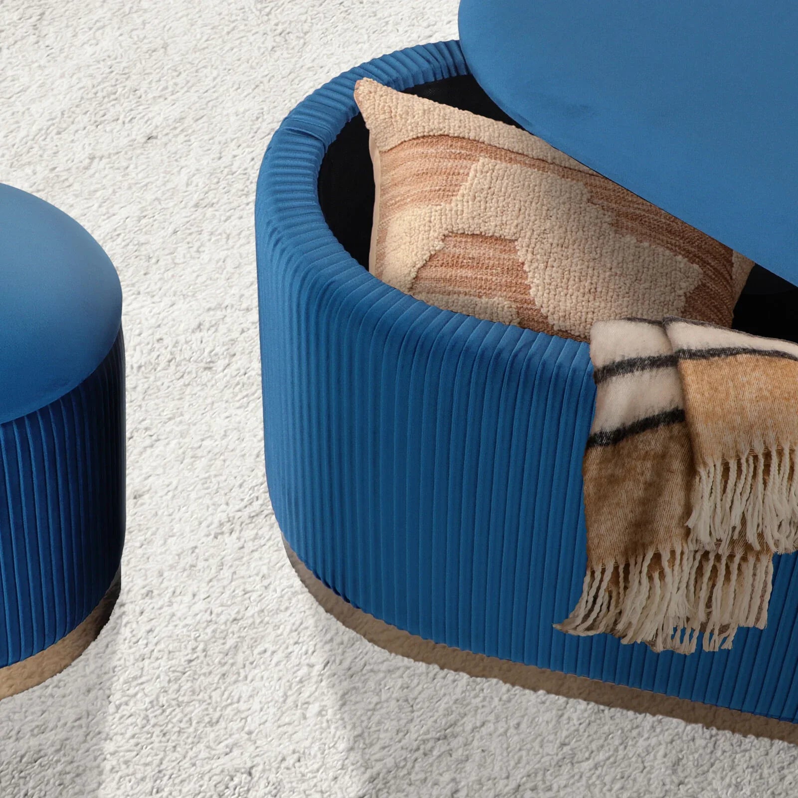 3 Piece Set Storage Ottoman - Blanket Box Velvet Padded Bench Stool FAYE BLUE - Mekamart Australia