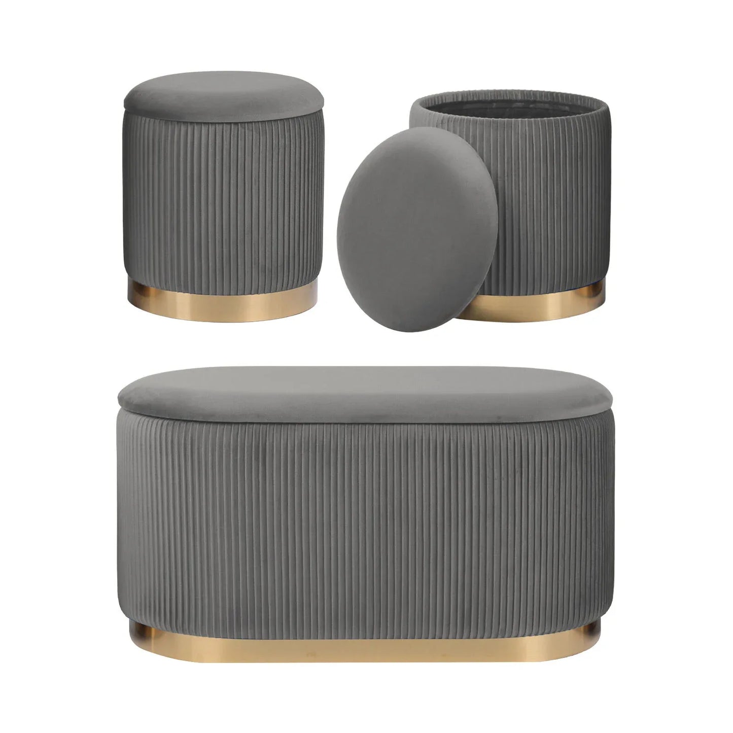 3 Piece Set Storage Ottoman - Blanket Box Velvet Padded Bench Stool FAYE GREY - Mekamart Australia