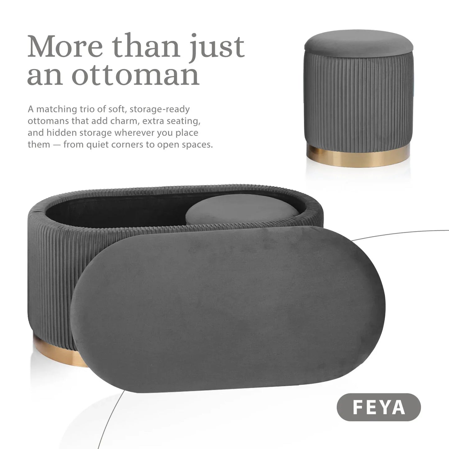 3 Piece Set Storage Ottoman - Blanket Box Velvet Padded Bench Stool FAYE GREY - Mekamart Australia