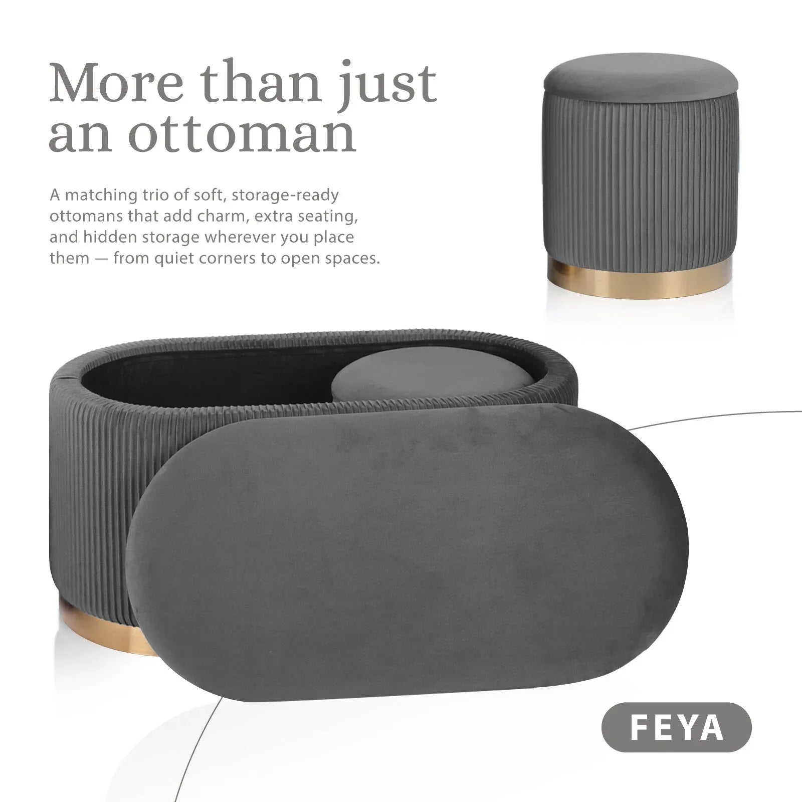 3 Piece Set Storage Ottoman - Blanket Box Velvet Padded Bench Stool FAYE GREY - Mekamart Australia